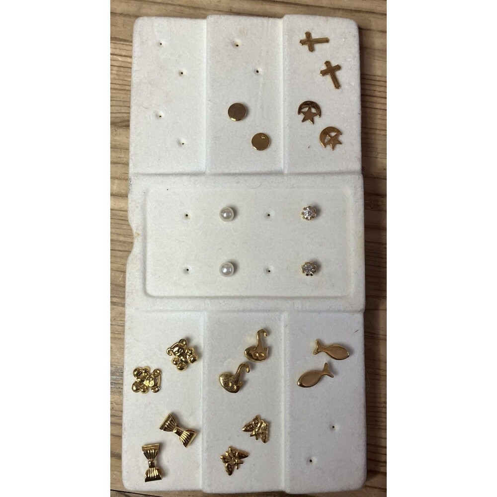 NEW Vintage Gold Tone Set of 10 Kid Stud Earrings Fish Bows Cross Bear Butterfly